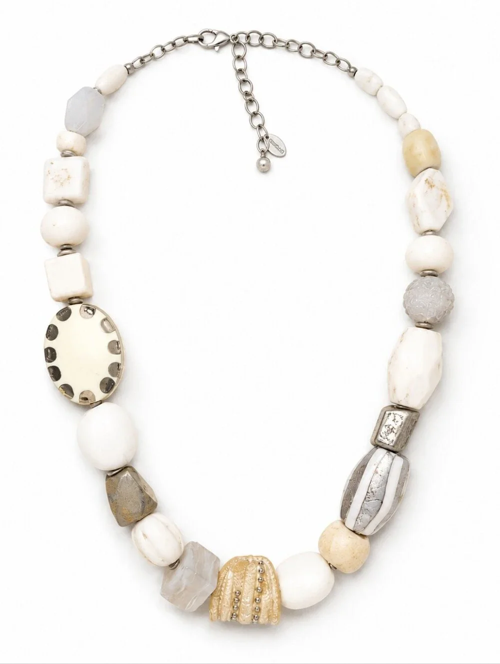 Chico's Neutral Mixed Bead Statement Necklace Cream Silver Adjustable